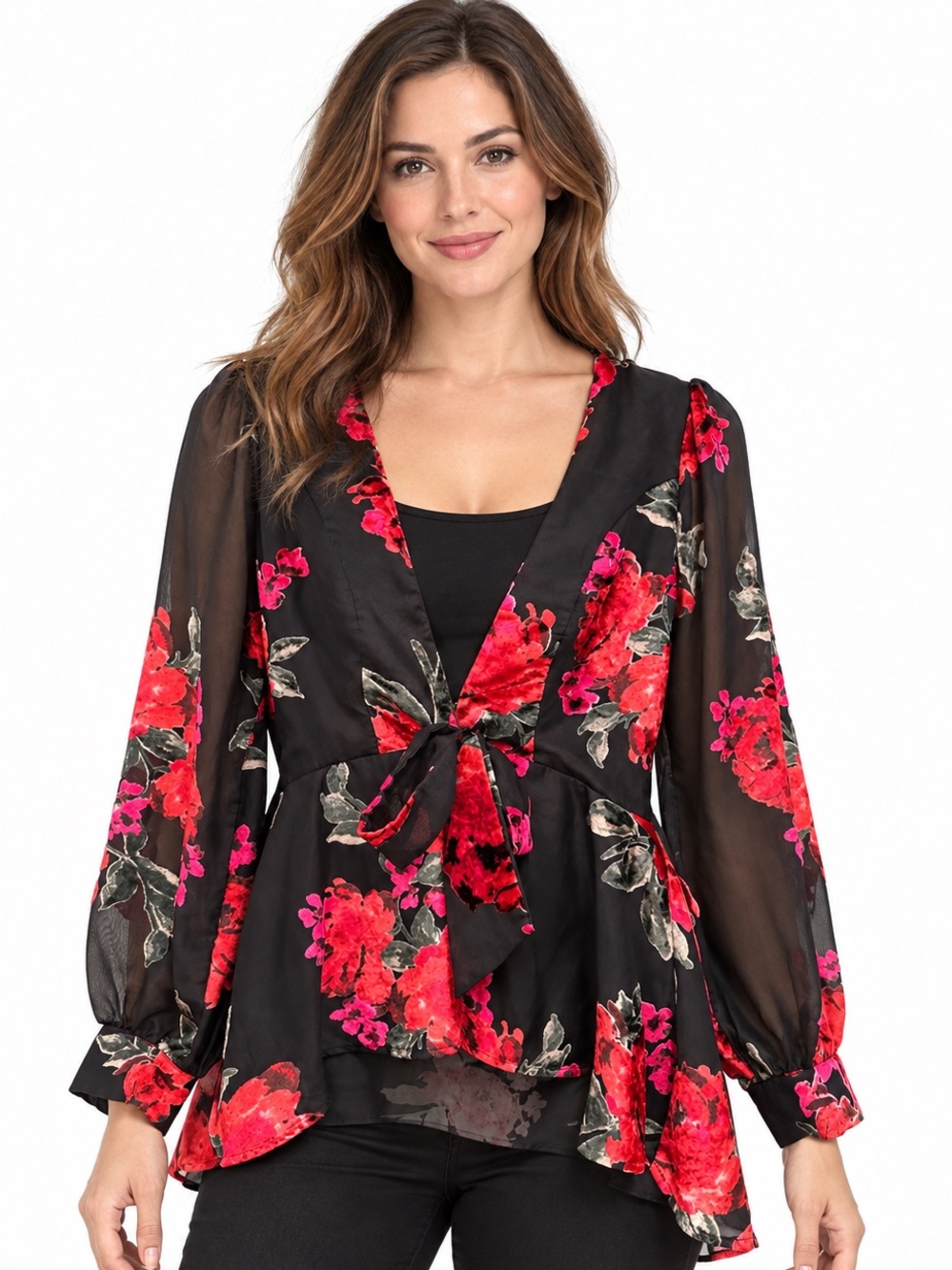 Velvet Burnout Dark Floral Sheer V Neck Floral Tie-Front Blouse Kimono Sz M